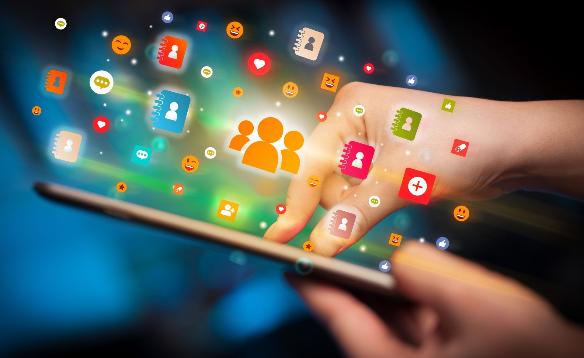 Hand reaching into a burst of social app icons